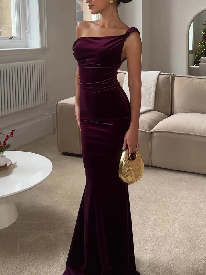 velvet one shoulder ruched maxi dress MillyBridal Drawstring Side One Shoulder Velvet Split Maxi Dress