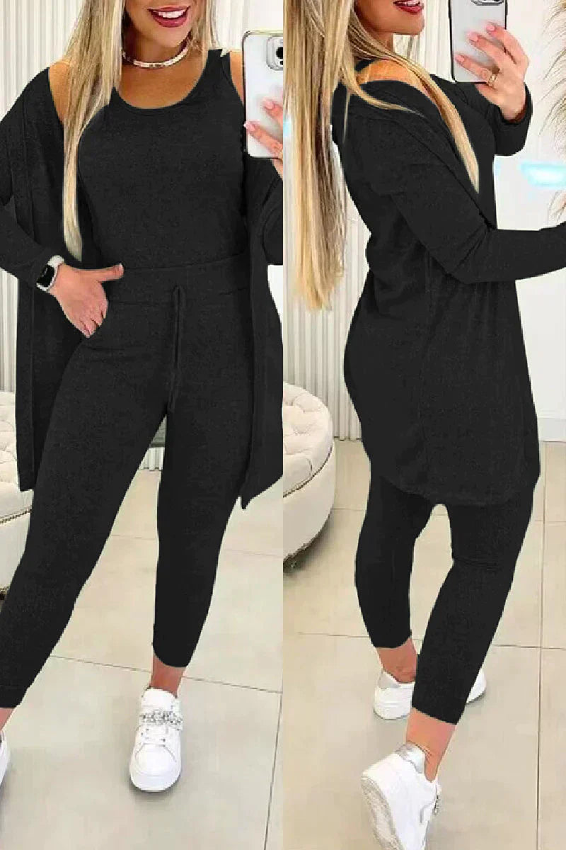 Lux Knit Three Piece Cardigan Tank Leggings Set Women Signature Collection