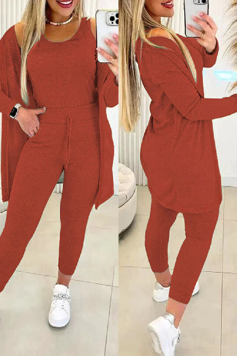 Lux Knit Three Piece Cardigan Tank Leggings Set Women Signature Collection
