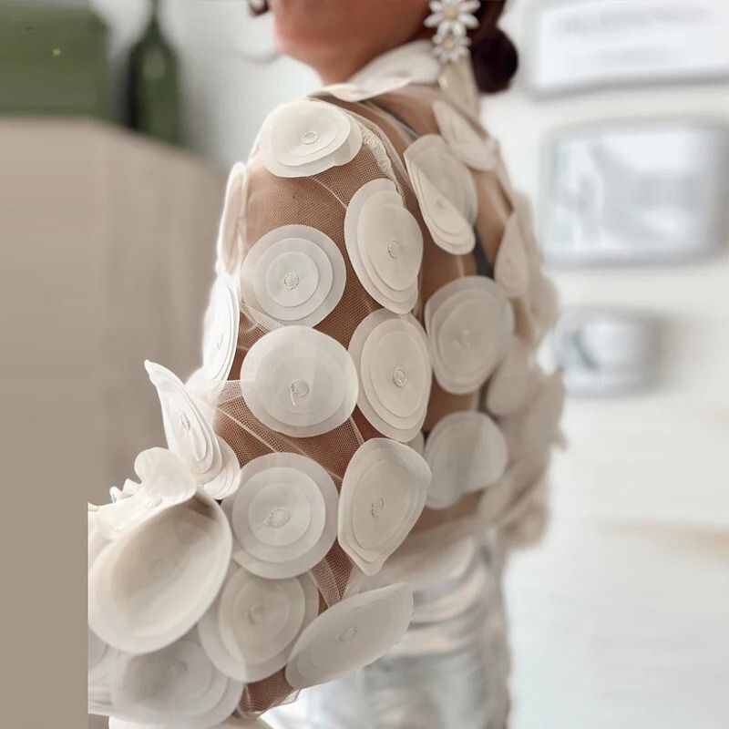 Sheer Mesh Blouse 3D Circle Applique Limited
