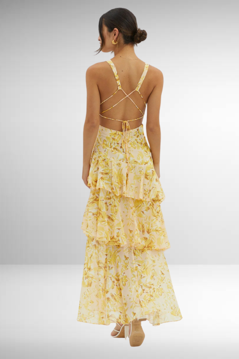 Elegant Tiered Maxi Dress V Neck Open Back Straps Signature Floral Collection