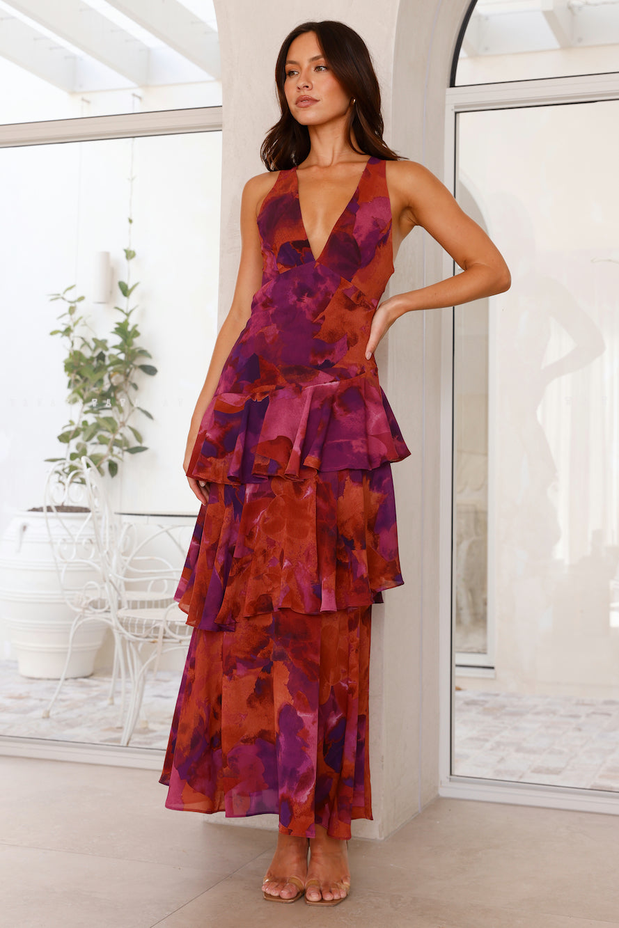 Elegant Tiered Maxi Dress V Neck Open Back Straps Signature Floral Collection