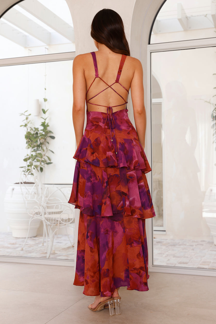 Elegant Tiered Maxi Dress V Neck Open Back Straps Signature Floral Collection