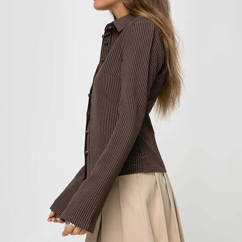 Ribbed Stripe Button-Through Blouse With Long Flared Sleeves And Point Collar Limited Run