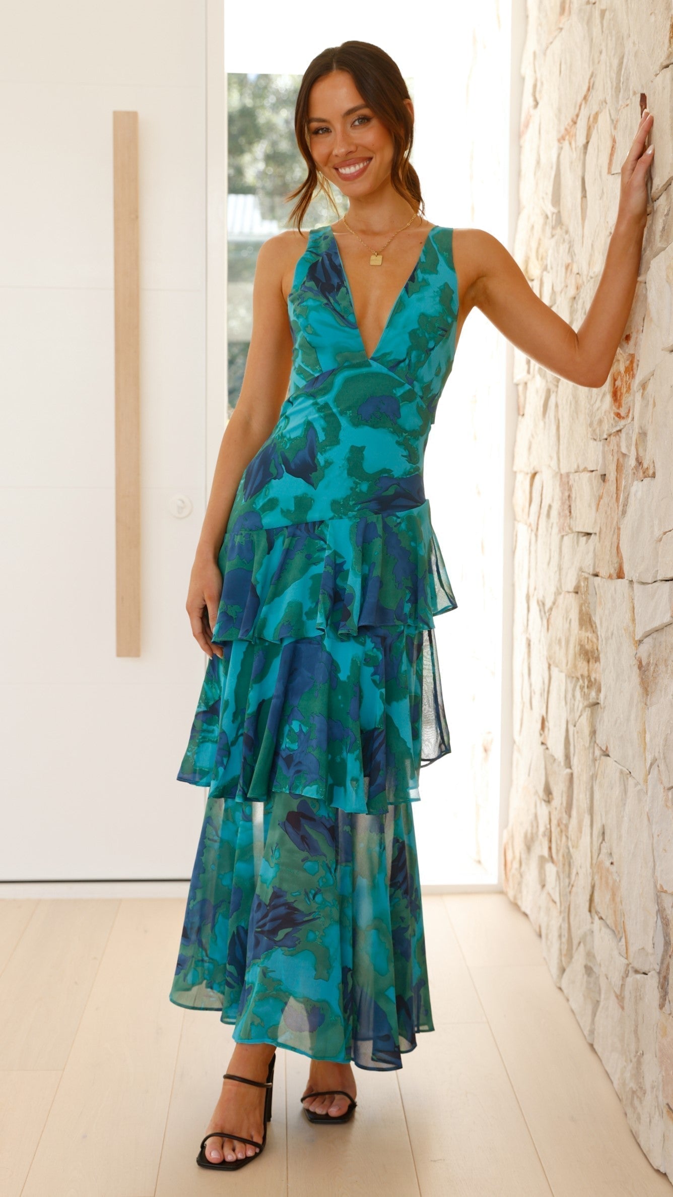 Elegant Tiered Maxi Dress V Neck Open Back Straps Signature Floral Collection