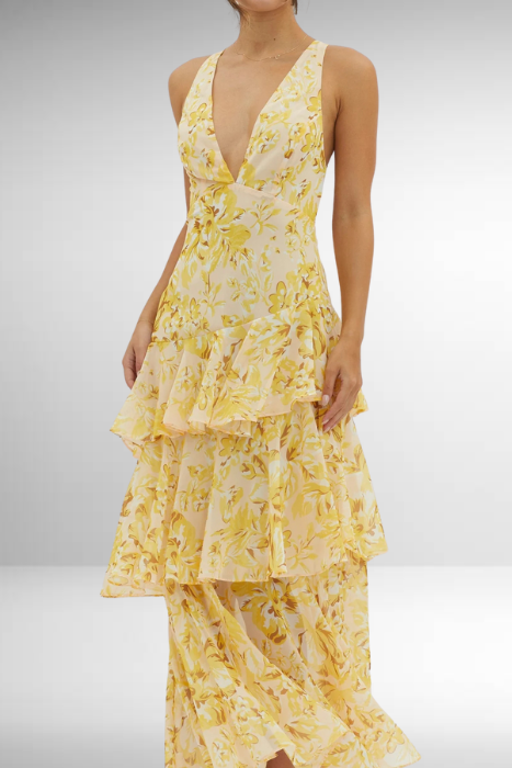 Elegant Tiered Maxi Dress V Neck Open Back Straps Signature Floral Collection