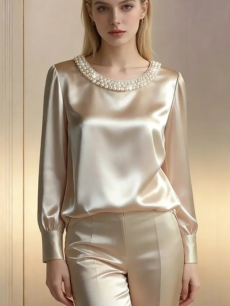 Womens Embellished Satin Bishop Sleeve Blouse With Pearl And Crystal Trim Exclusive