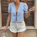 Blue Checkered Puff Sleeve Crop Top Tie Front Exclusive Polyester Blend Collection