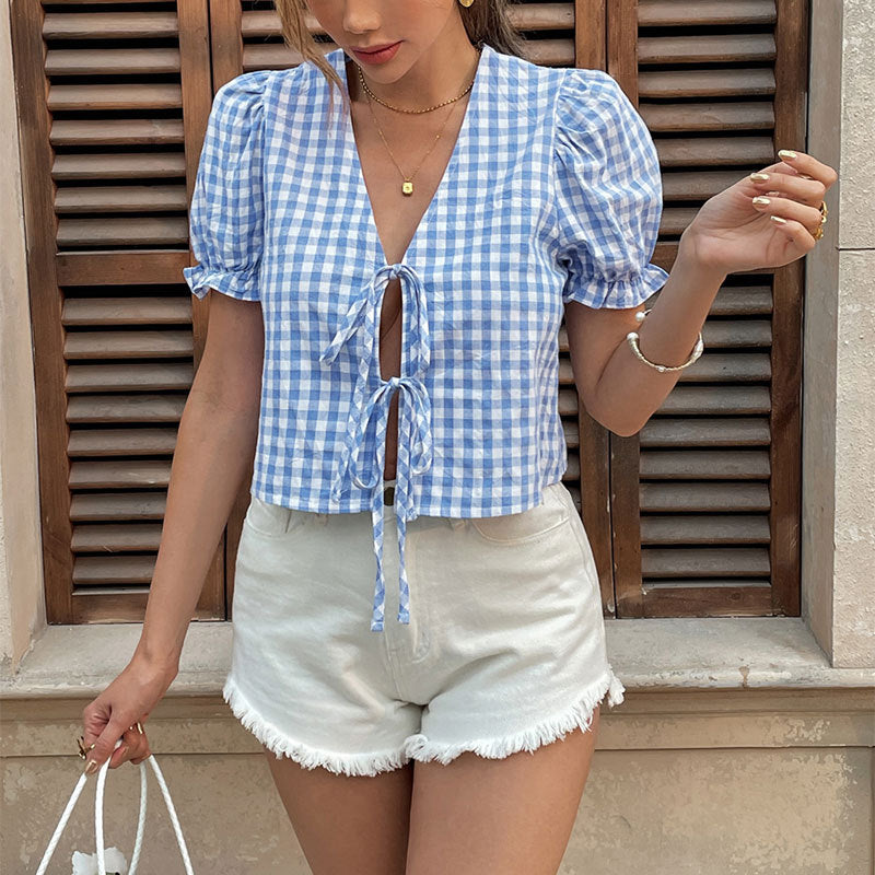 Blue Checkered Puff Sleeve Crop Top Tie Front Exclusive Polyester Blend Collection