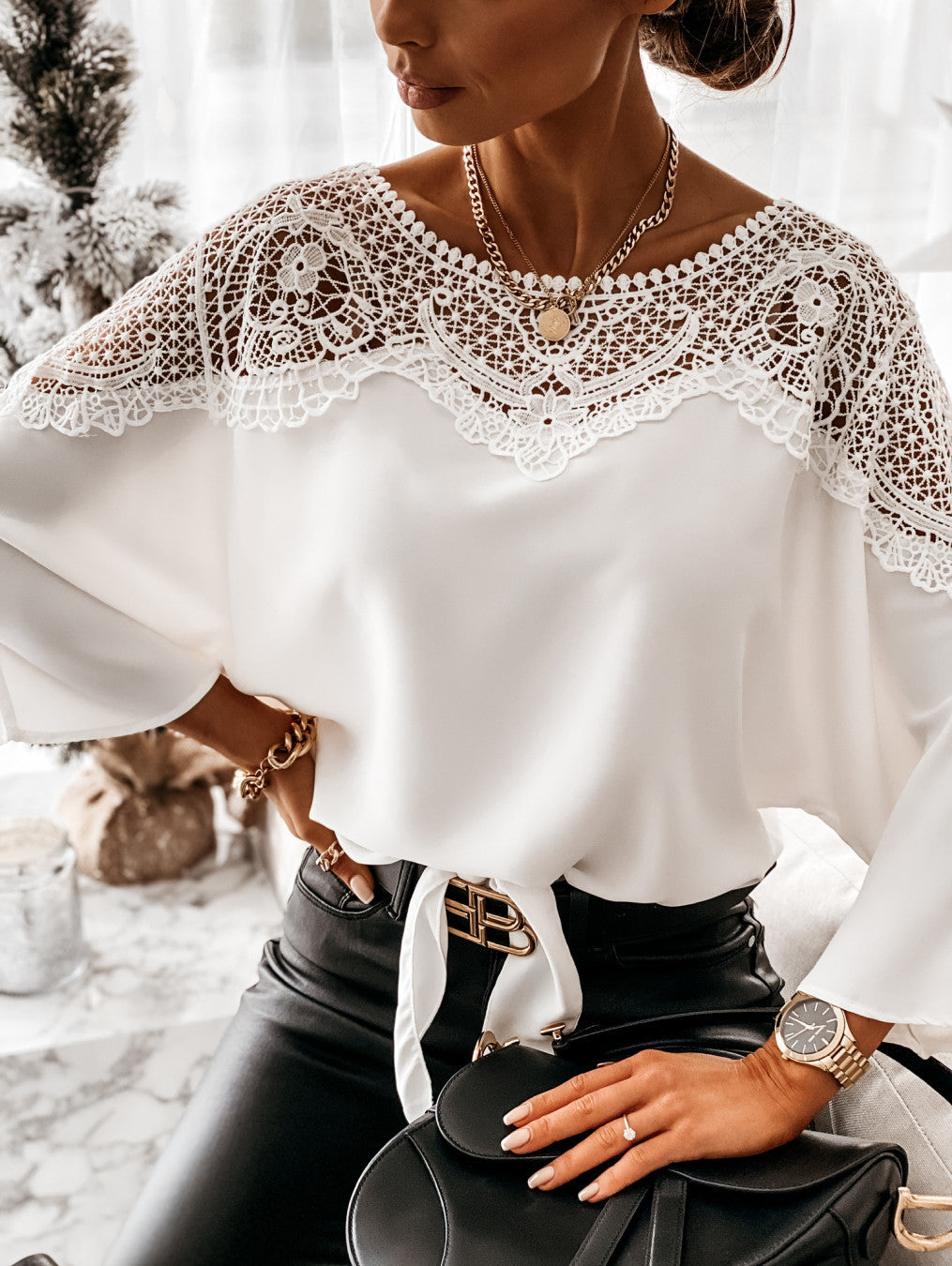 Womens Lace Blouse With Round Neck Yoke Luxury Lace Collection Exclusive Eveningwear