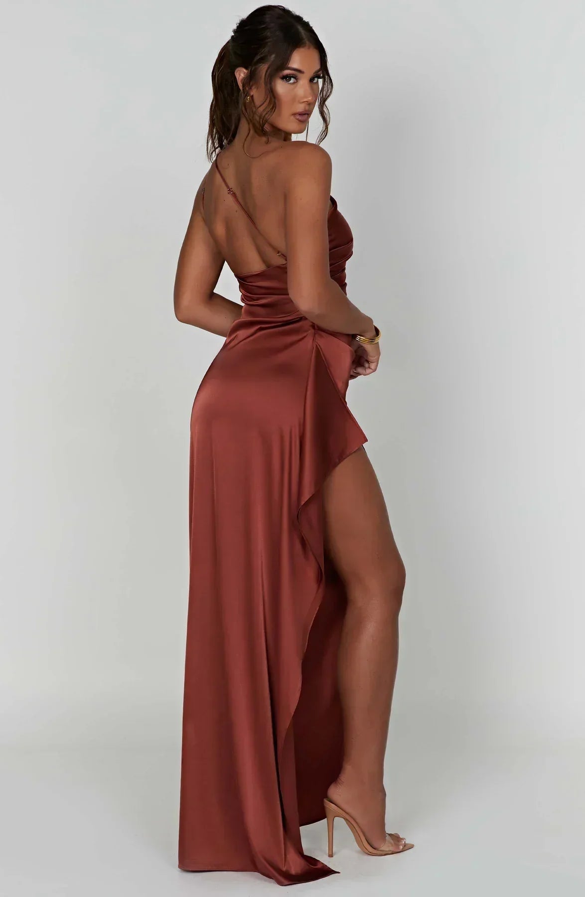 Satin Inspired One Shoulder Evening Maxi Dress Exclusive Edition For Glamorous Soirees