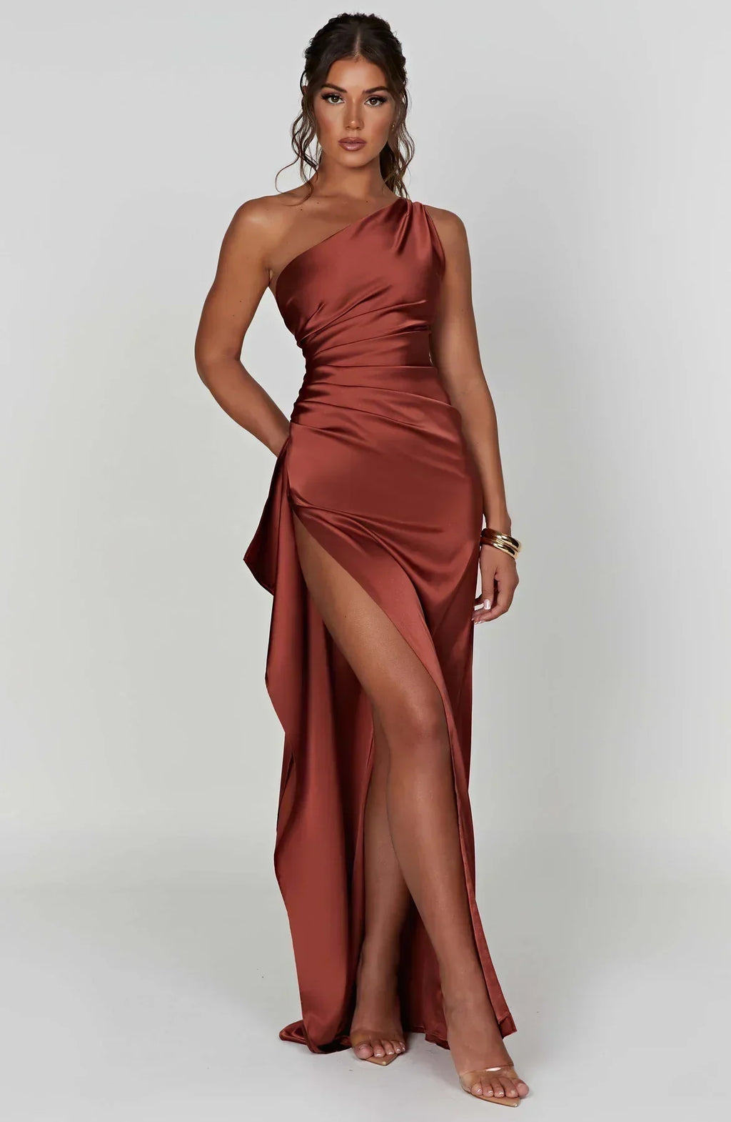 Satin Inspired One Shoulder Evening Maxi Dress Exclusive Edition For Glamorous Soirees