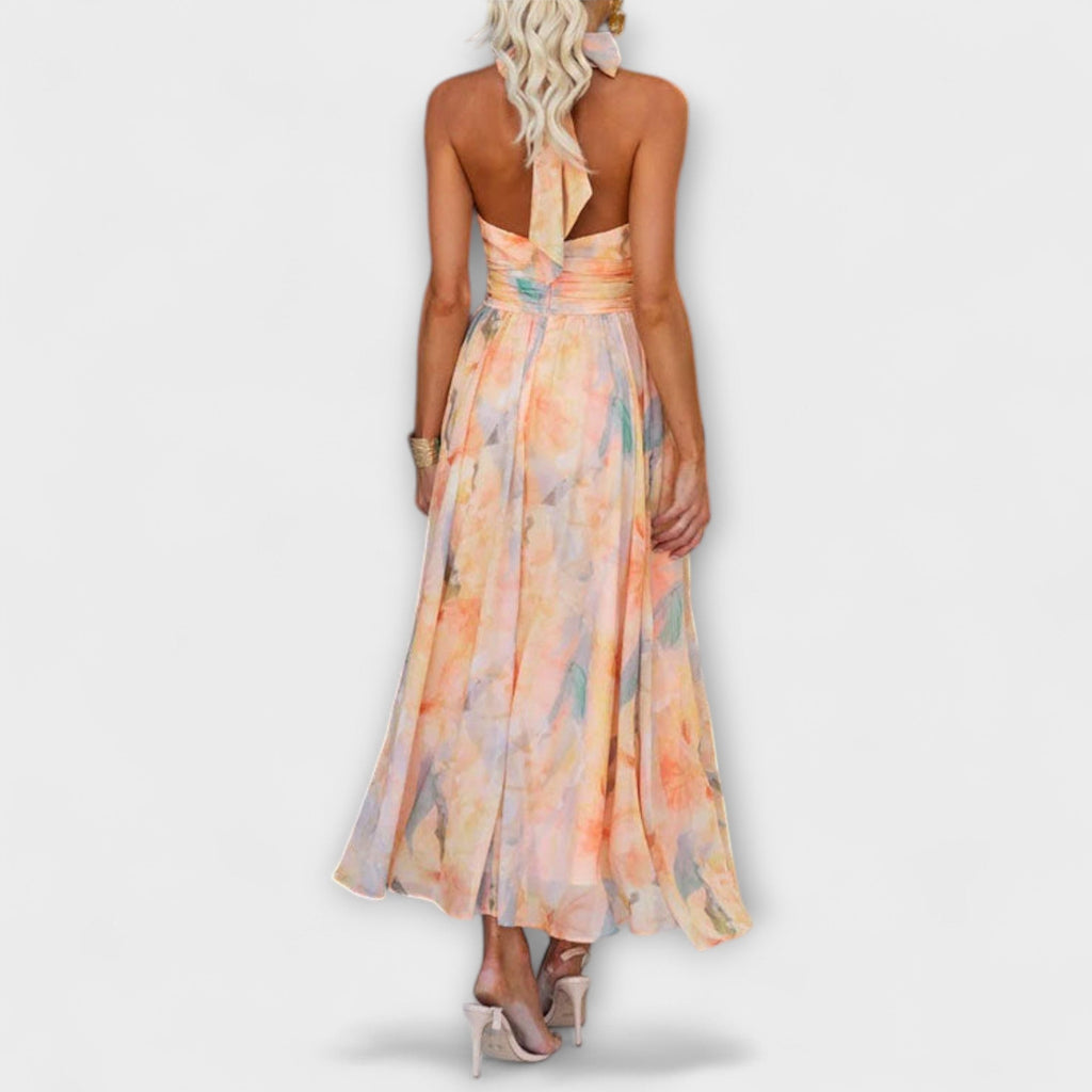 Watercolour Print Halter Neck Backless Maxi Dress for Women Limited Edition