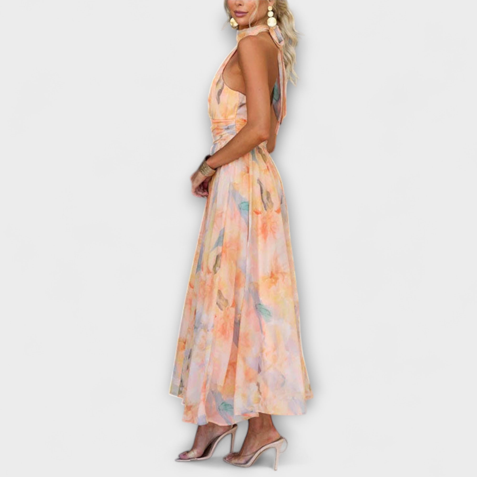 Watercolour Print Halter Neck Backless Maxi Dress for Women Limited Edition
