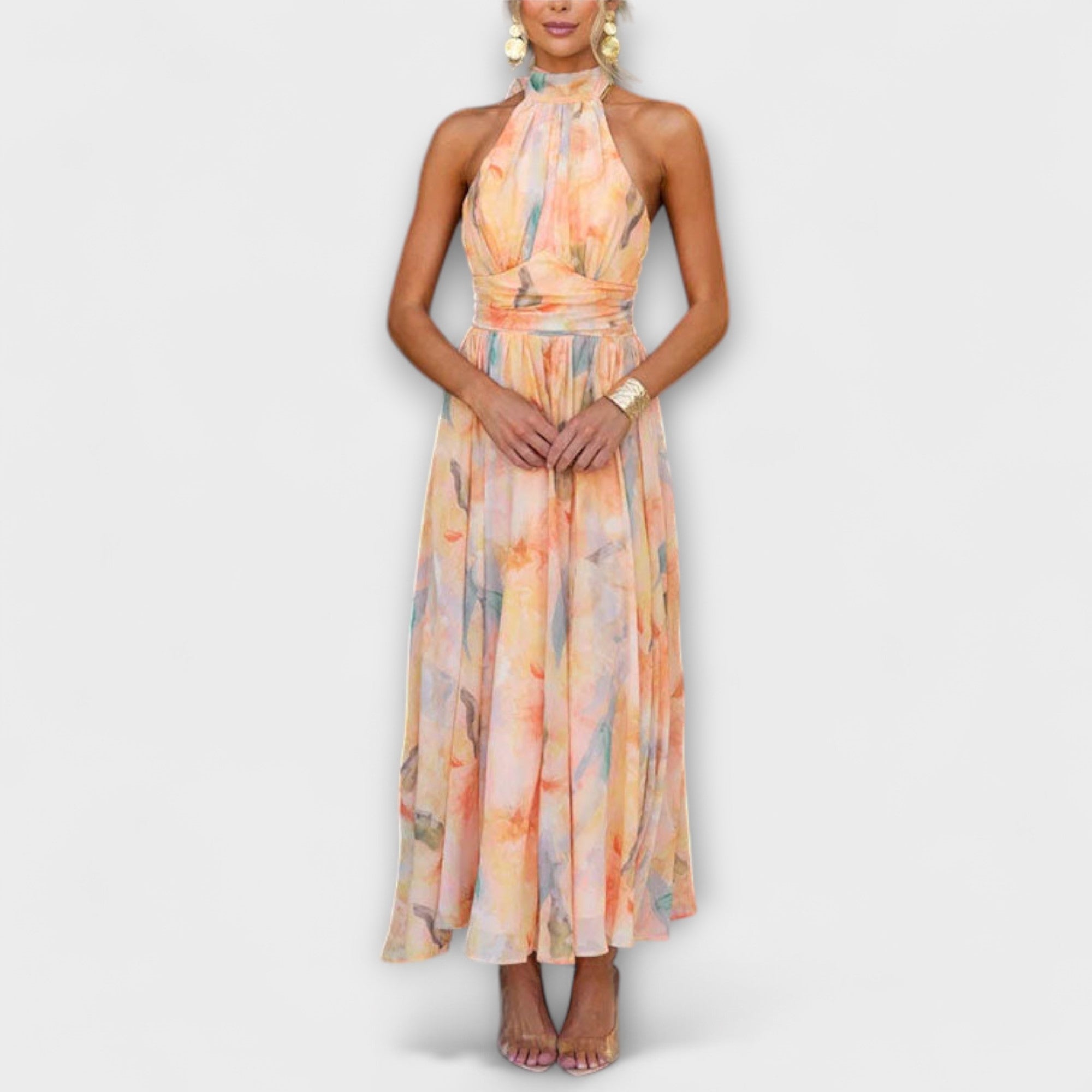 Watercolour Print Halter Neck Backless Maxi Dress for Women Limited Edition