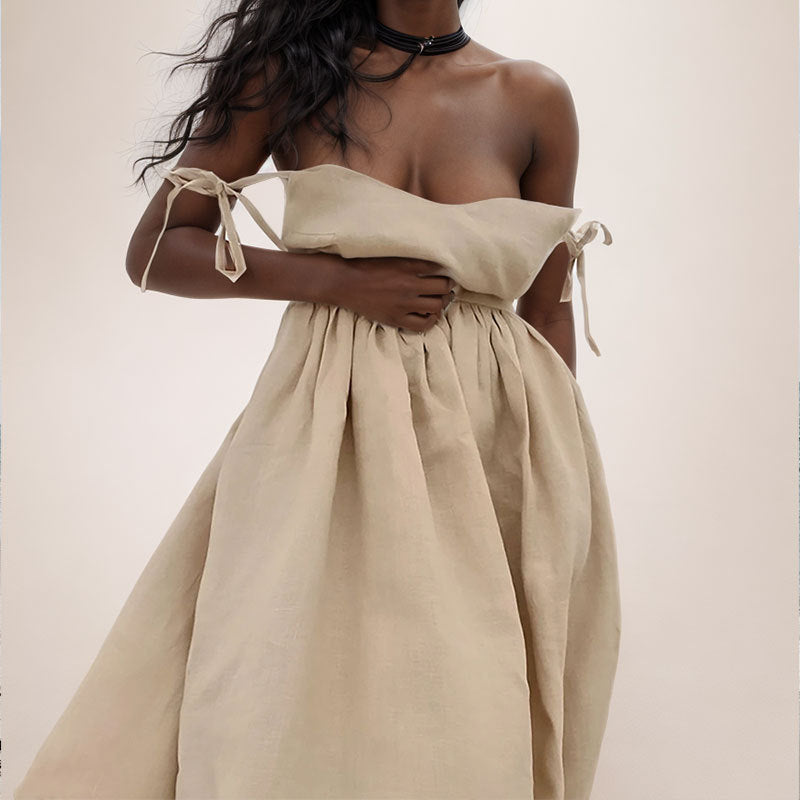 Luxe Linen Blend Midi Dress Limited Edition With V Neck Open Back Adjustable Straps