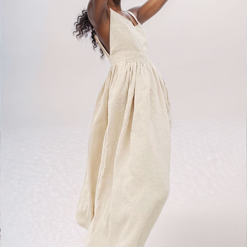 Luxe Linen Blend Midi Dress Limited Edition With V Neck Open Back Adjustable Straps