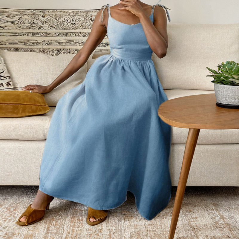 Luxe Linen Blend Midi Dress Limited Edition With V Neck Open Back Adjustable Straps