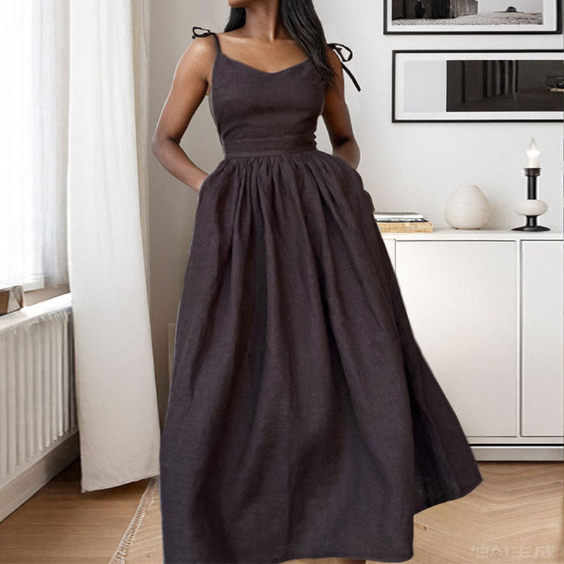 Luxe Linen Blend Midi Dress Limited Edition With V Neck Open Back Adjustable Straps