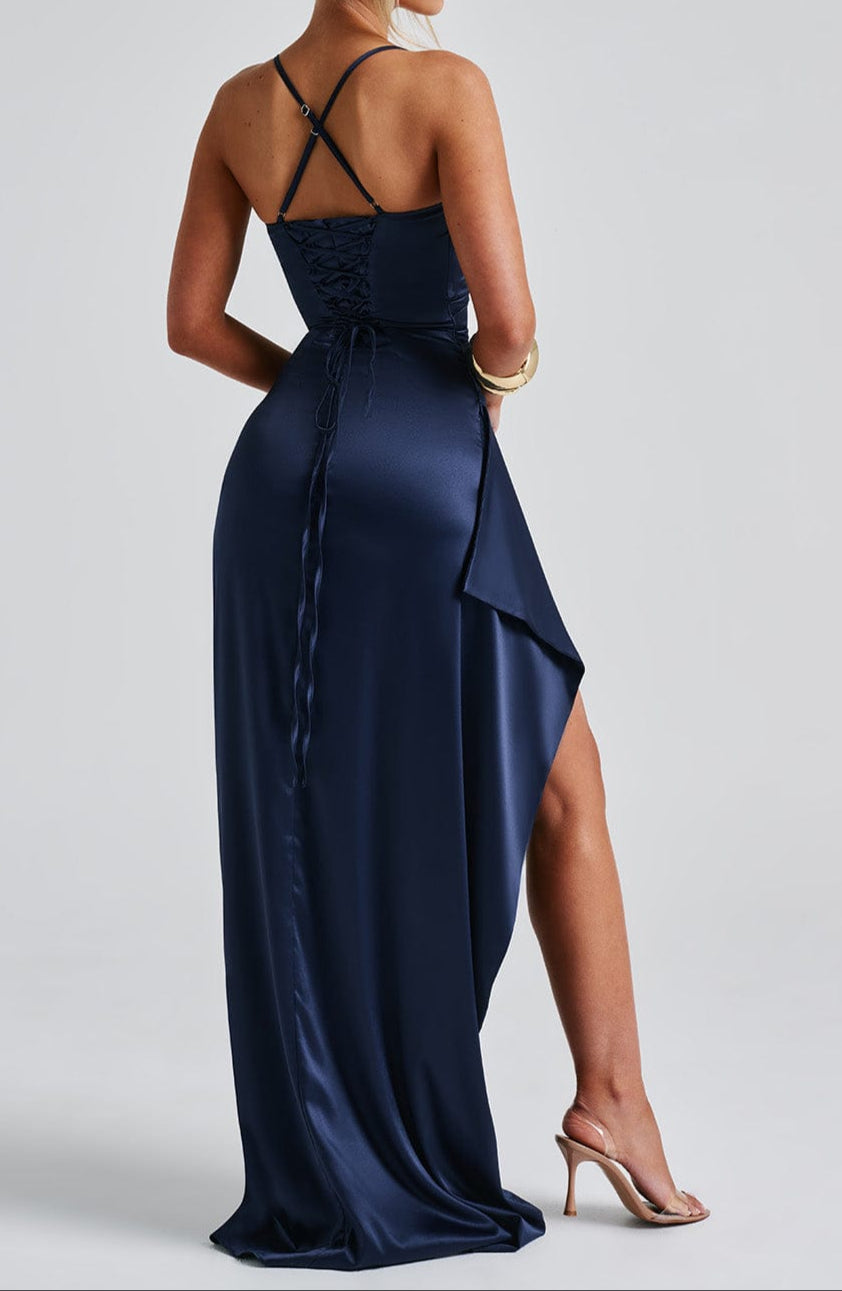 Navy Blue Evening Maxi Dress Spaghetti Straps Ruched Waist High Slit Exclusive Edition