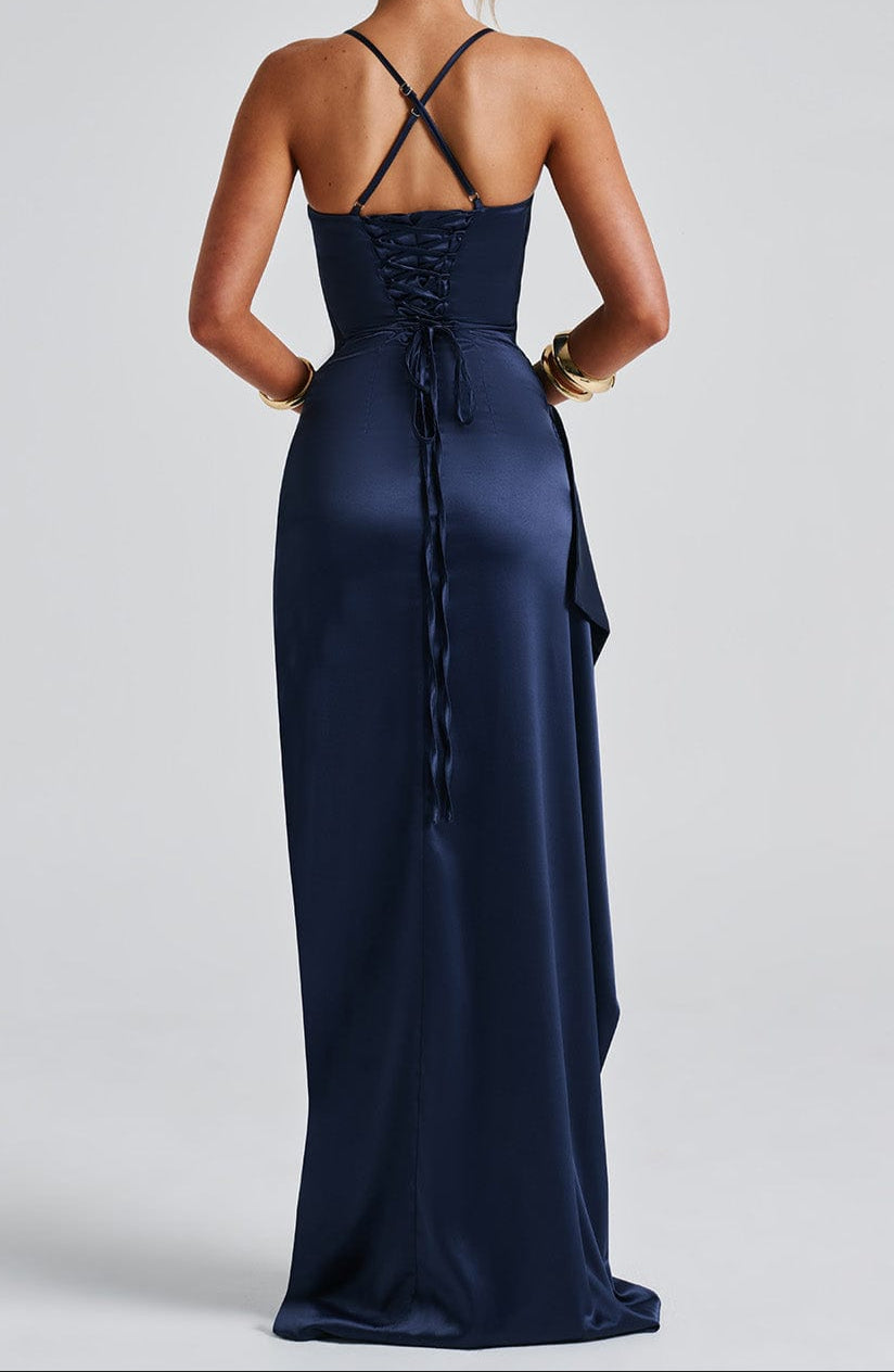 Navy Blue Evening Maxi Dress Spaghetti Straps Ruched Waist High Slit Exclusive Edition