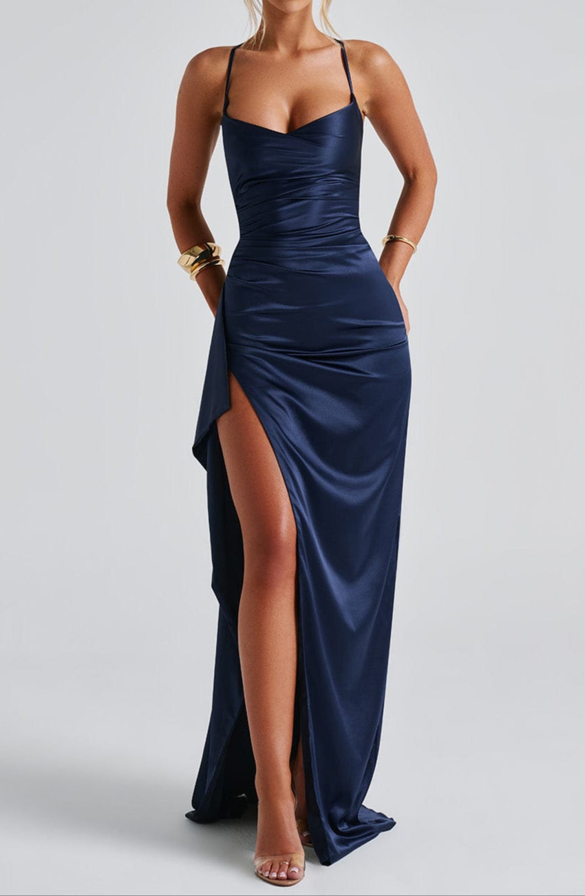 Navy Blue Evening Maxi Dress Spaghetti Straps Ruched Waist High Slit Exclusive Edition