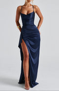 Navy Blue Evening Maxi Dress Spaghetti Straps Ruched Waist High Slit Exclusive Edition