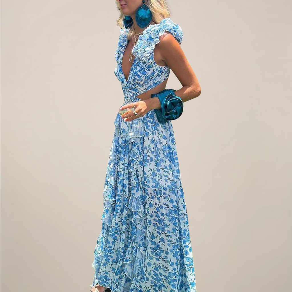 Silk Crepe Maxi Dress Plunging V Neck With Ruffled Sleeves And Cut Out Waist Limited