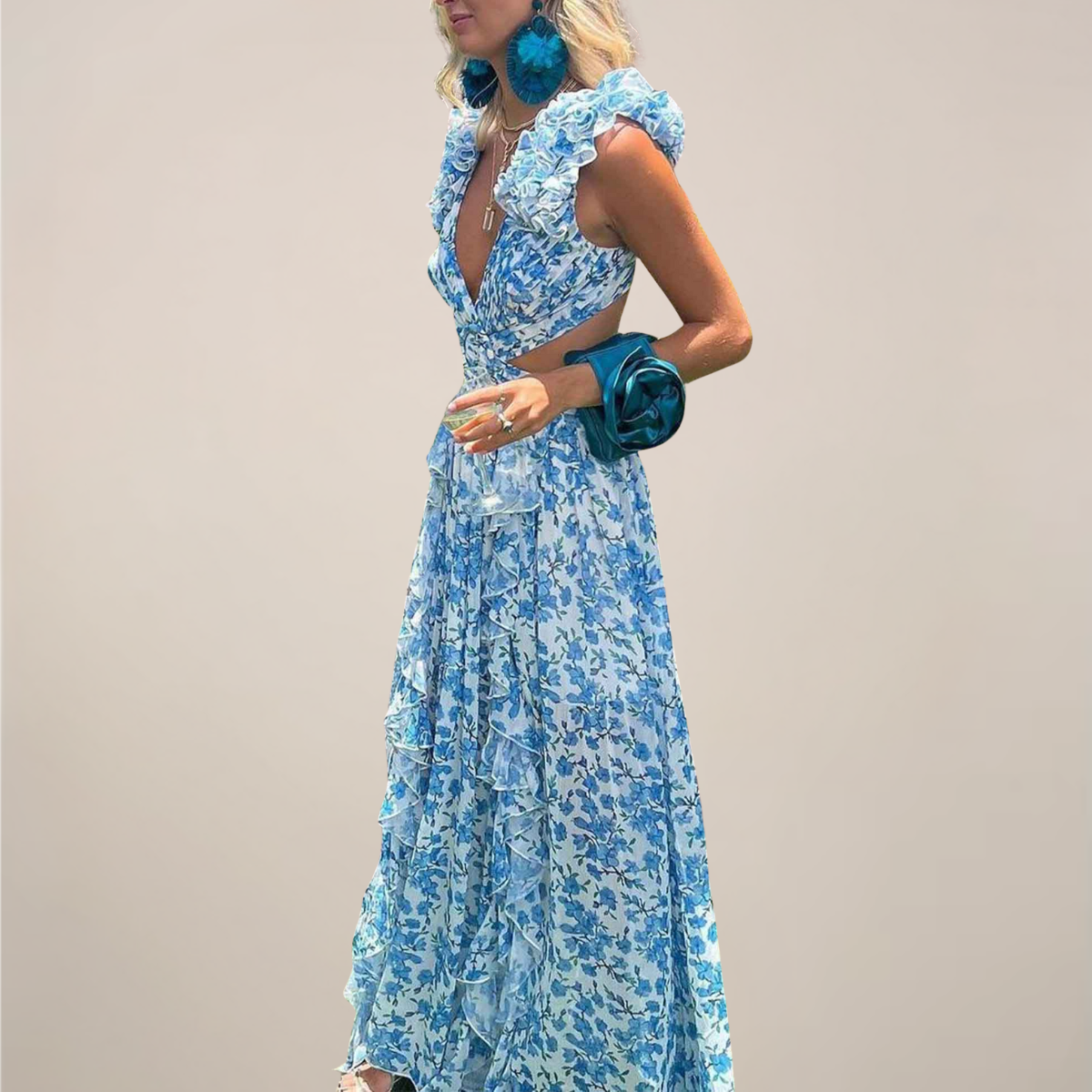 Silk Crepe Maxi Dress Plunging V Neck With Ruffled Sleeves And Cut Out Waist Limited