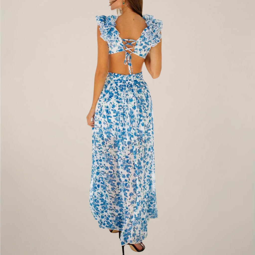 Silk Crepe Maxi Dress Plunging V Neck With Ruffled Sleeves And Cut Out Waist Limited