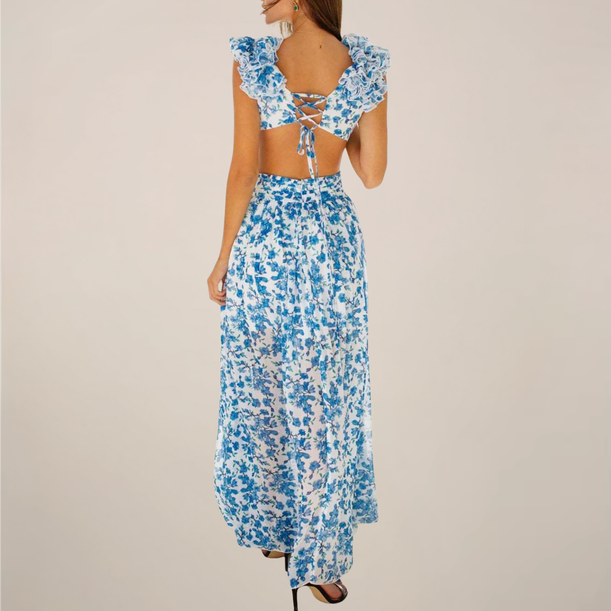 Silk Crepe Maxi Dress Plunging V Neck With Ruffled Sleeves And Cut Out Waist Limited