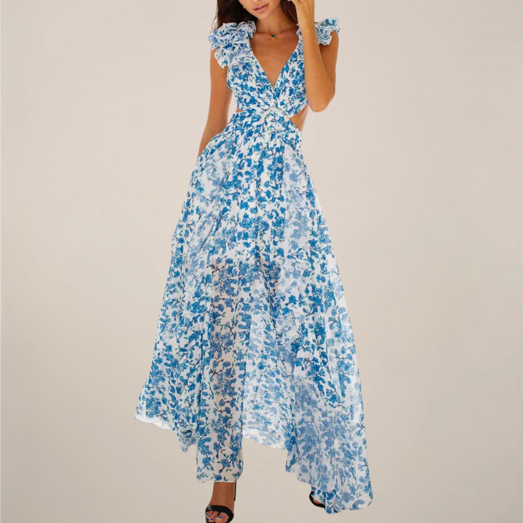 Silk Crepe Maxi Dress Plunging V Neck With Ruffled Sleeves And Cut Out Waist Limited