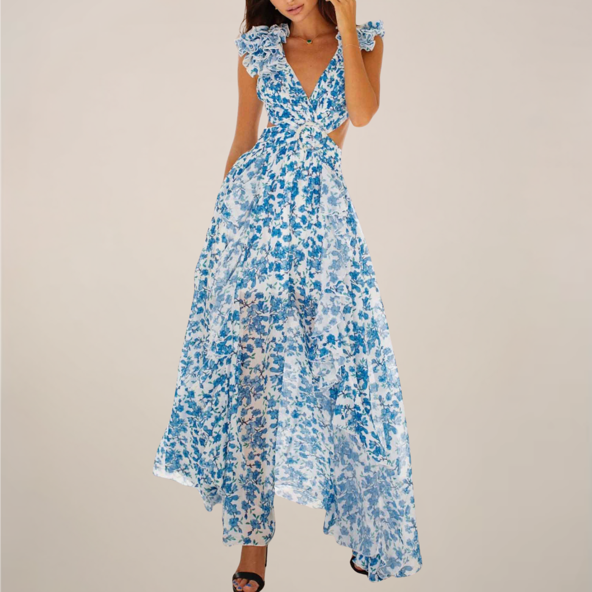 Silk Crepe Maxi Dress Plunging V Neck With Ruffled Sleeves And Cut Out Waist Limited