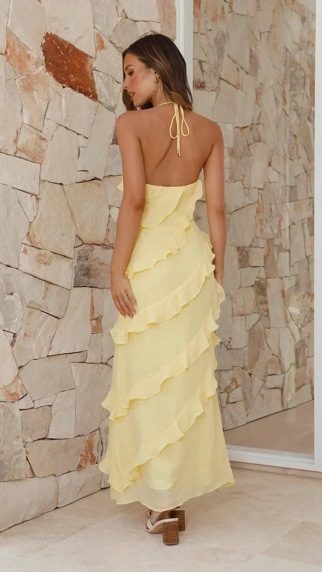 Silk Crepe Ruffle Maxi Dress Halter Neck Couture Collection Exclusive Edition
