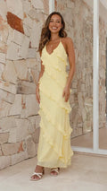 Silk Crepe Ruffle Maxi Dress Halter Neck Couture Collection Exclusive Edition