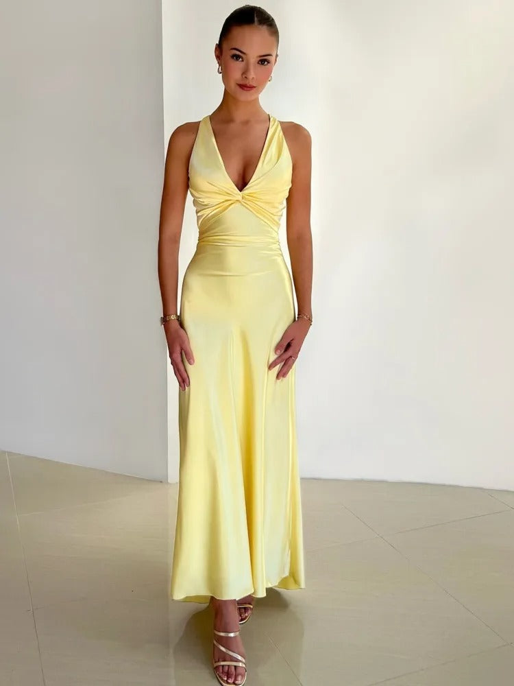 Satin Halter Neck Maxi Dress Ruched Backless Evening Gown Limited Studio Collection