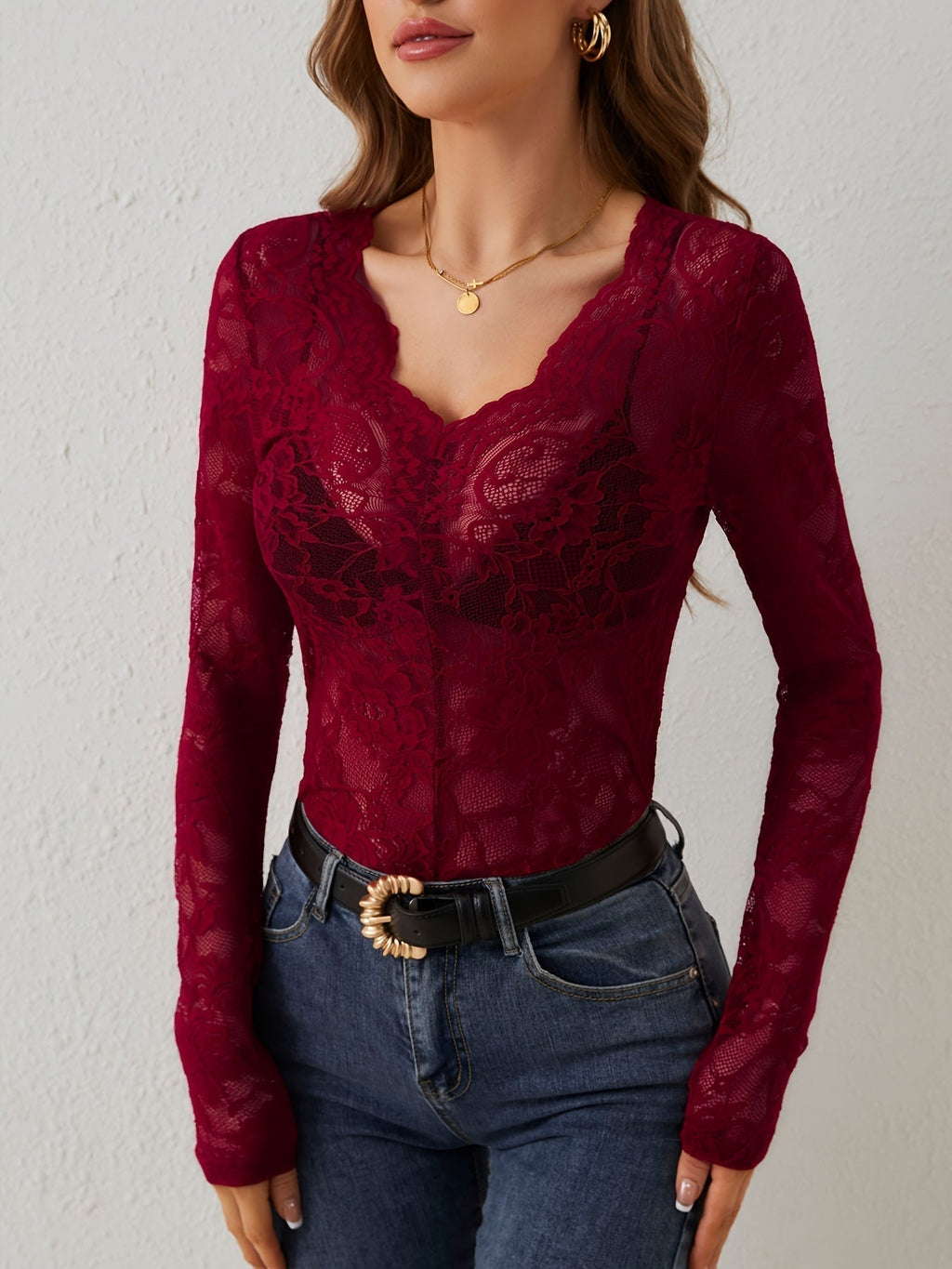 Lace V-Neck Top Womens Slim Fit Long Sleeves Luxe Collection Exclusive