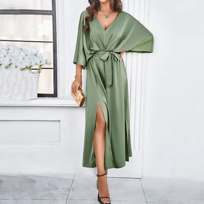 Silk Maxi Dress V Neck With Tie Waist And Kimono Sleeves Boutique Edition