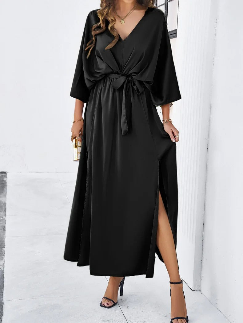 Silk Maxi Dress V Neck With Tie Waist And Kimono Sleeves Boutique Edition
