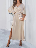 Silk Maxi Dress V Neck With Tie Waist And Kimono Sleeves Boutique Edition