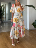 Floral Maxi Dress Open Back Square Neck Puff Sleeve Limited Edition Collection Wedding Guest
