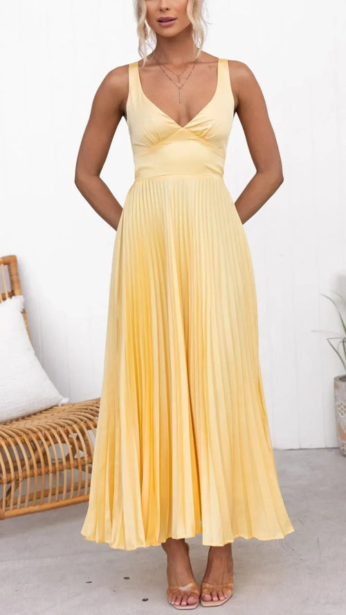Crepe Pleated Maxi Dress Yellow V Neck Back Strap Gown Limited Edition Capsule