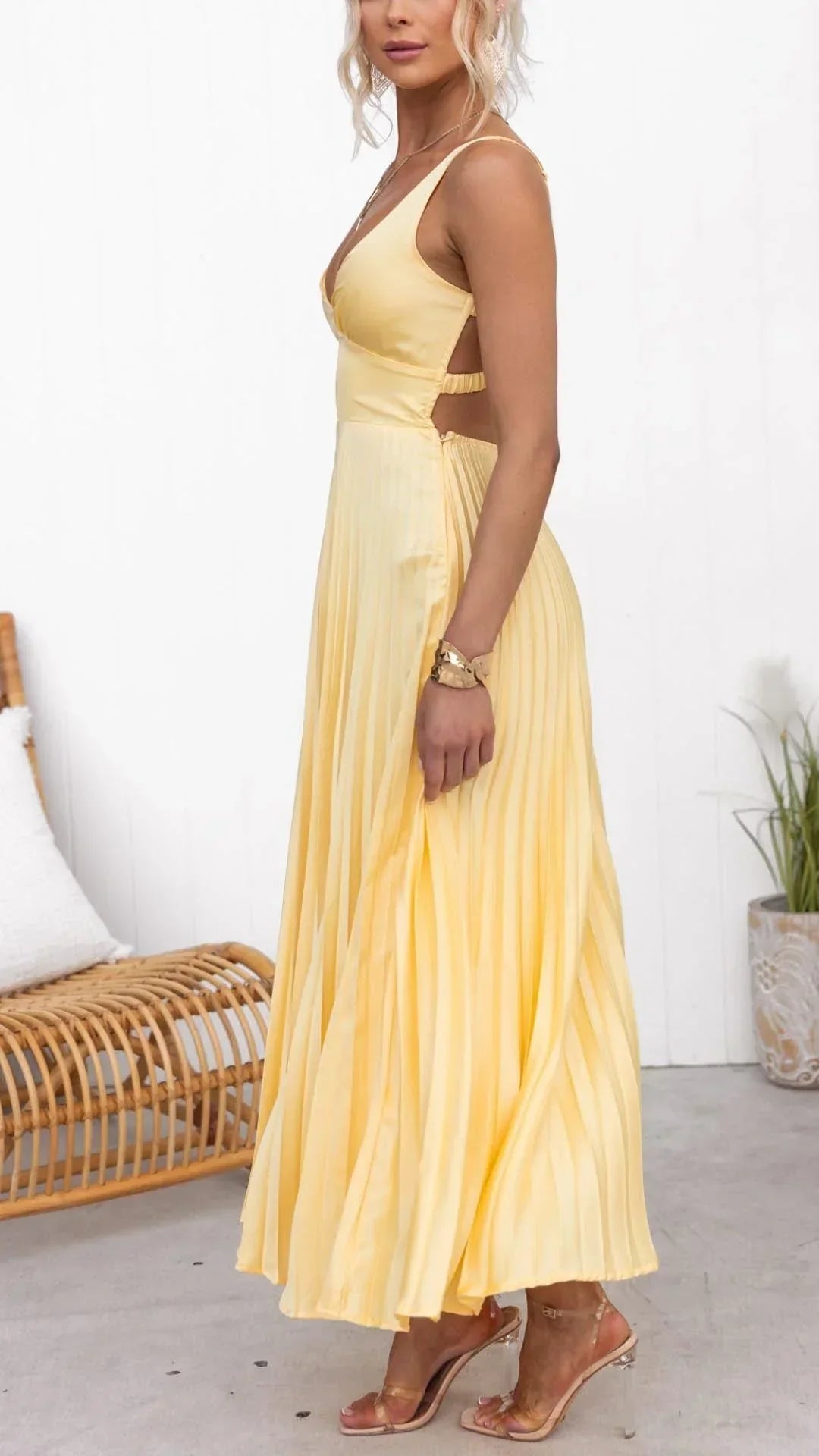 Crepe Pleated Maxi Dress Yellow V Neck Back Strap Gown Limited Edition Capsule