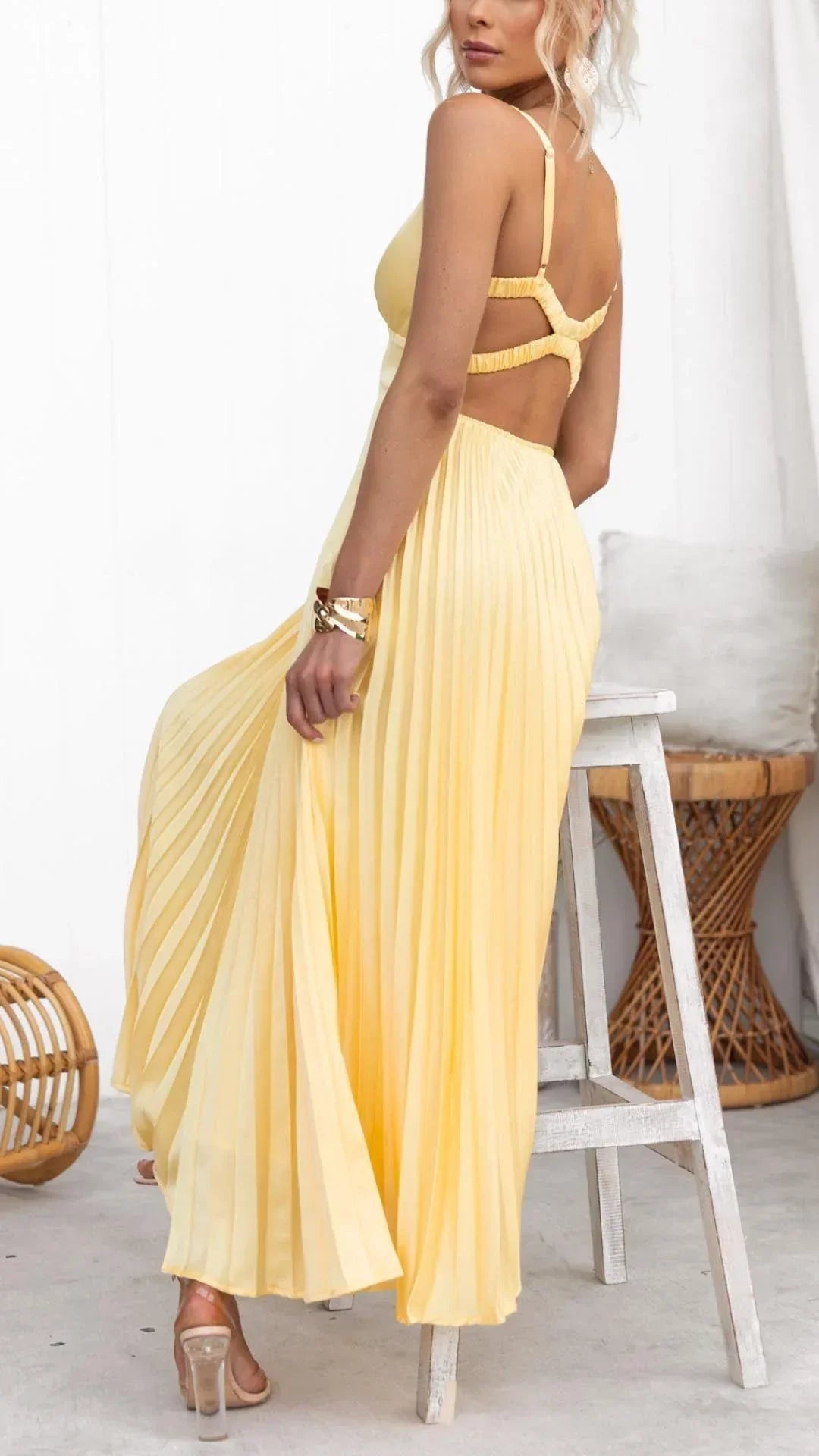Crepe Pleated Maxi Dress Yellow V Neck Back Strap Gown Limited Edition Capsule