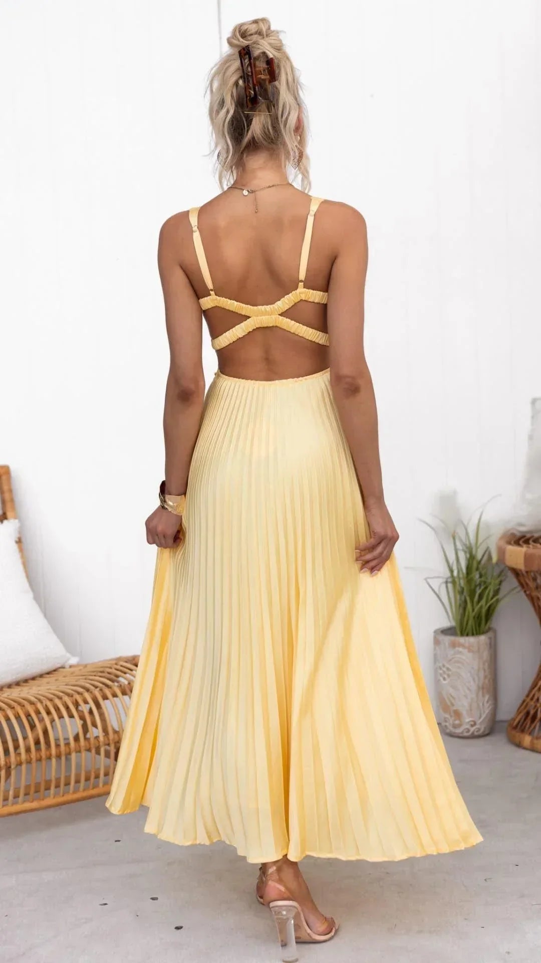 Crepe Pleated Maxi Dress Yellow V Neck Back Strap Gown Limited Edition Capsule