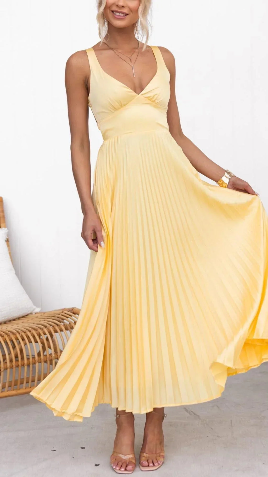 Crepe Pleated Maxi Dress Yellow V Neck Back Strap Gown Limited Edition Capsule
