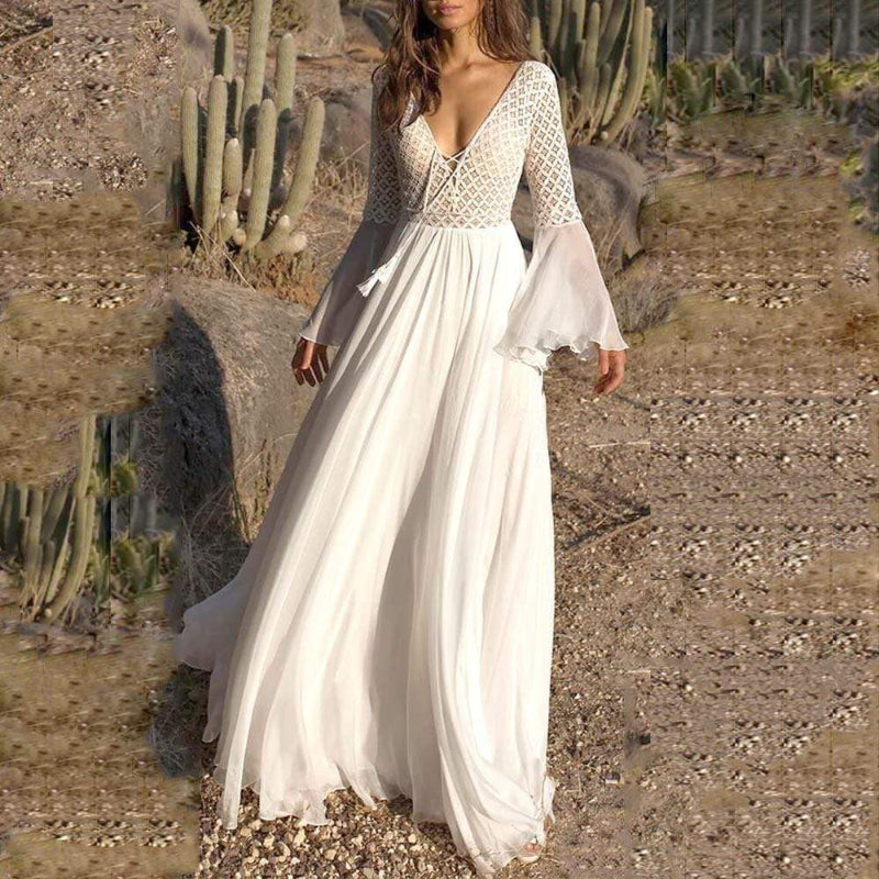 Crochet Lace Geometric Diamond Maxi Dress Long Sleeve Deep V Neck Exclusive Edition