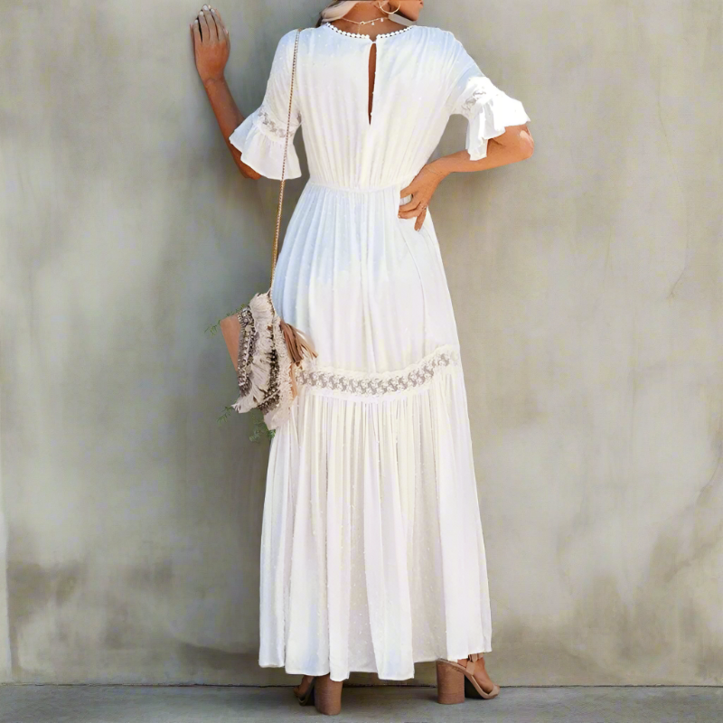 Lace Overlay Maxi Dress With Deep V Neck And Flutter Sleeves Limited Edition