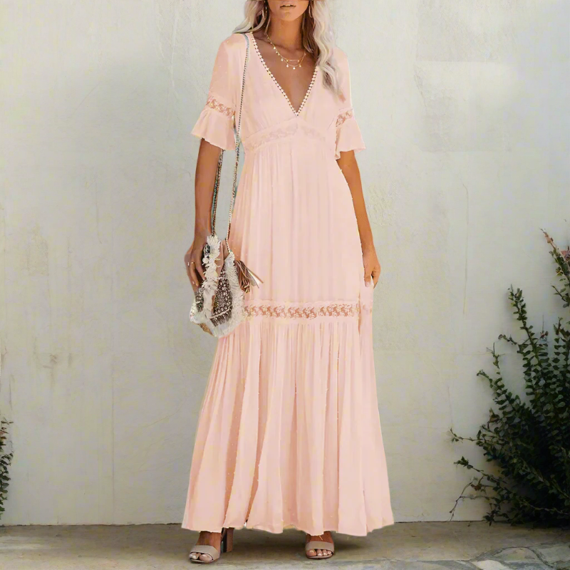 Lace Overlay Maxi Dress With Deep V Neck And Flutter Sleeves Limited Edition