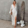 Embroidered Sheer Lace Maxi Dress With Deep V Neck And High Side Slit Detail Limited